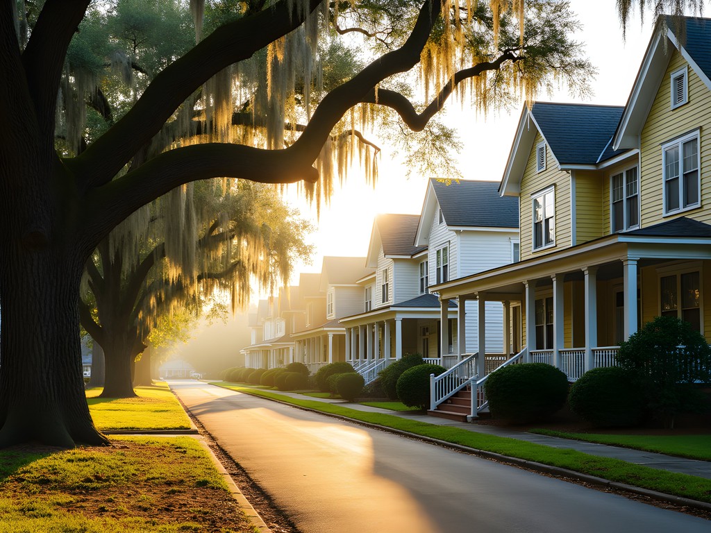 Historic homes along oak-lined street in Summerville's Historic District at morning light