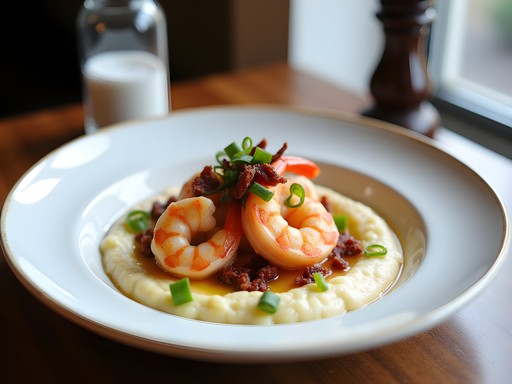 Gourmet shrimp and grits dish from Sweetwater Café in Summerville with perfect presentation