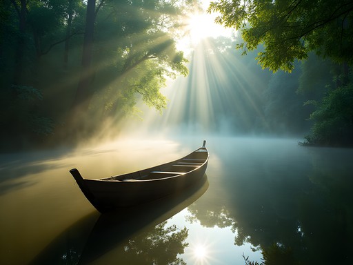 Small wooden boat gliding through misty Ratargul Swamp Forest with sunlight filtering through trees