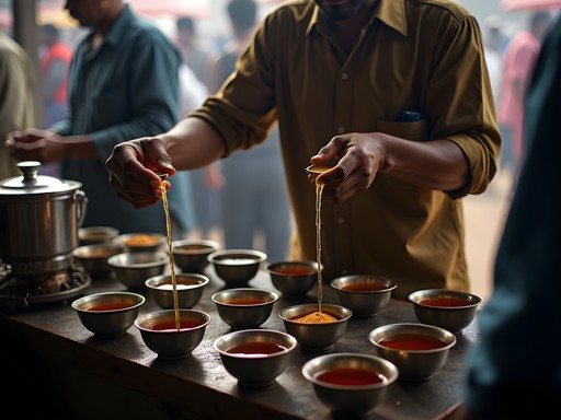 Traditional tea pouring demonstration with vendor creating long streams of tea between cups at Sylhet market