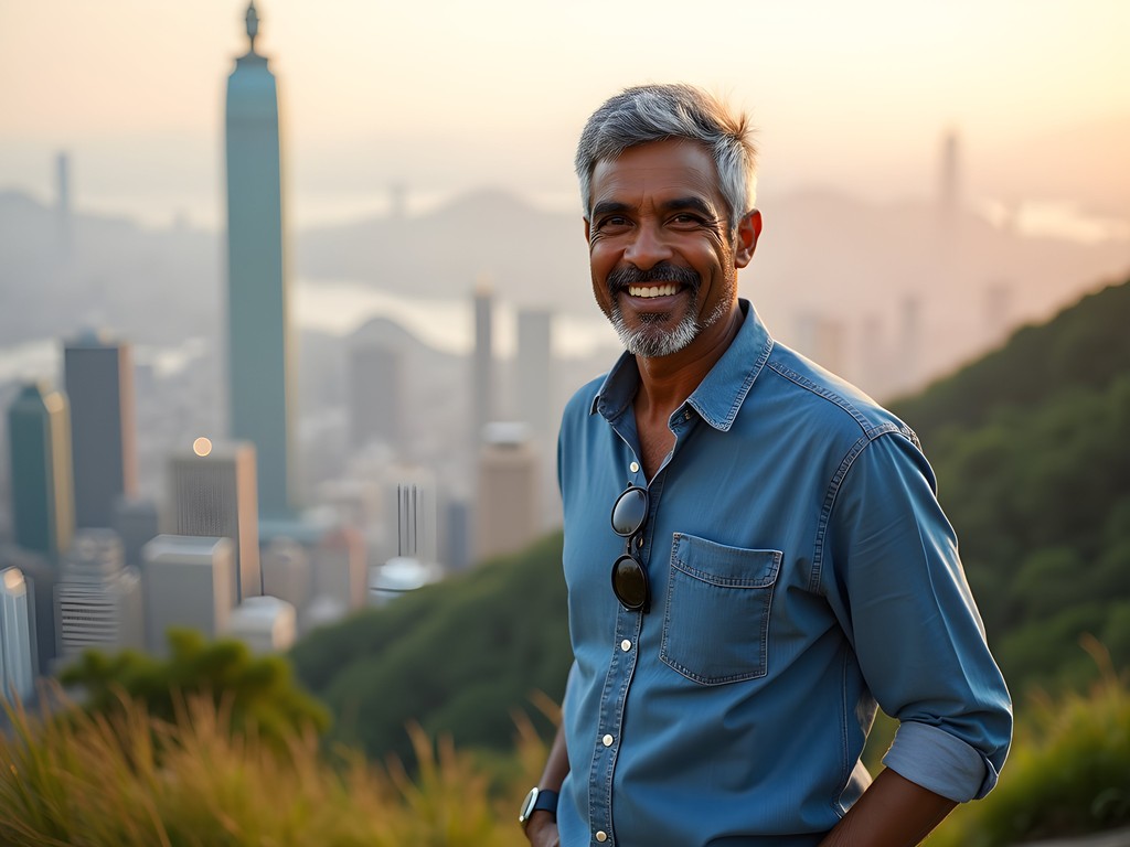 Travel blogger Justin Howard at Elephant Mountain viewpoint overlooking Taipei cityscape