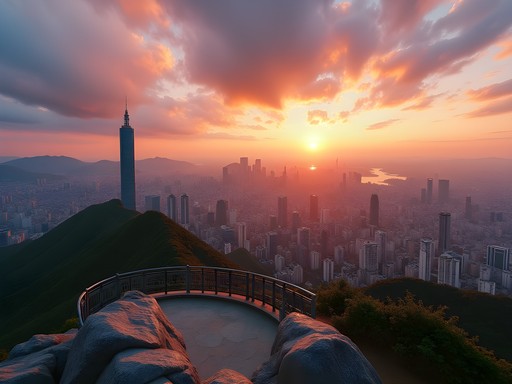 Taipei 101 skyscraper viewed from Elephant Mountain hiking trail at sunset with city skyline