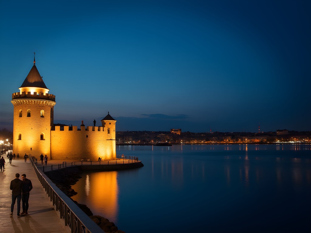 Thessaloniki's illuminated White Tower and waterfront at night