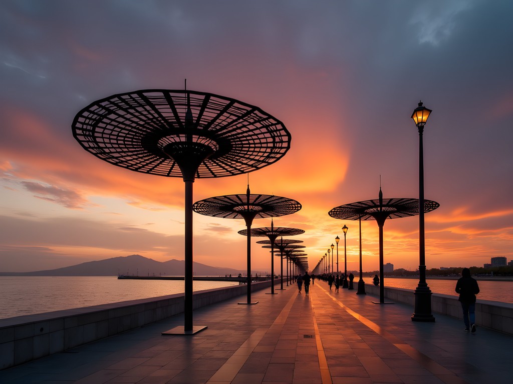 Sunset view of Thessaloniki's waterfront with the famous Umbrella sculpture