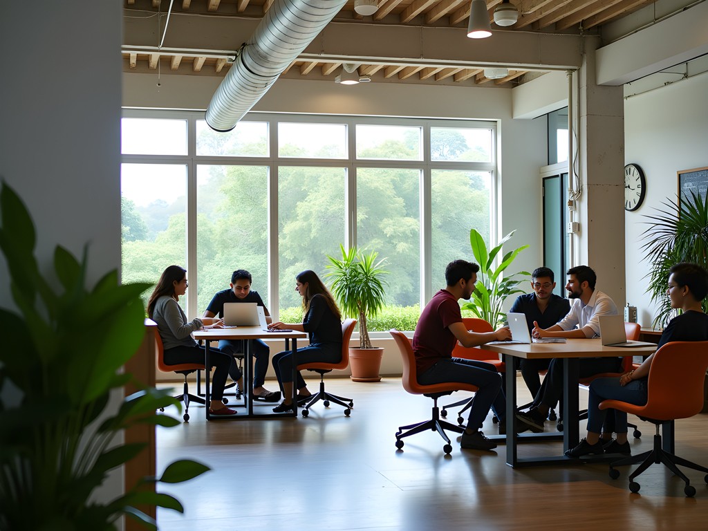 Modern coworking space in Koramangala, Bangalore with tech entrepreneurs collaborating