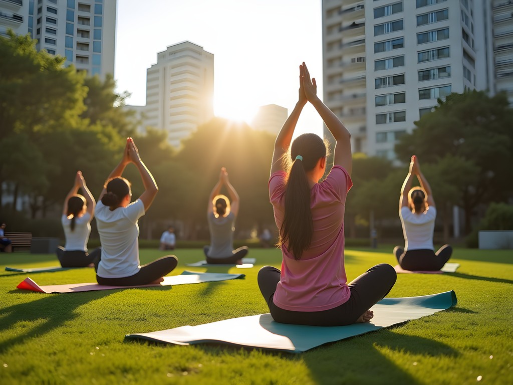 Corporate wellness yoga session at tech campus in Bangalore with employees practicing mindfulness