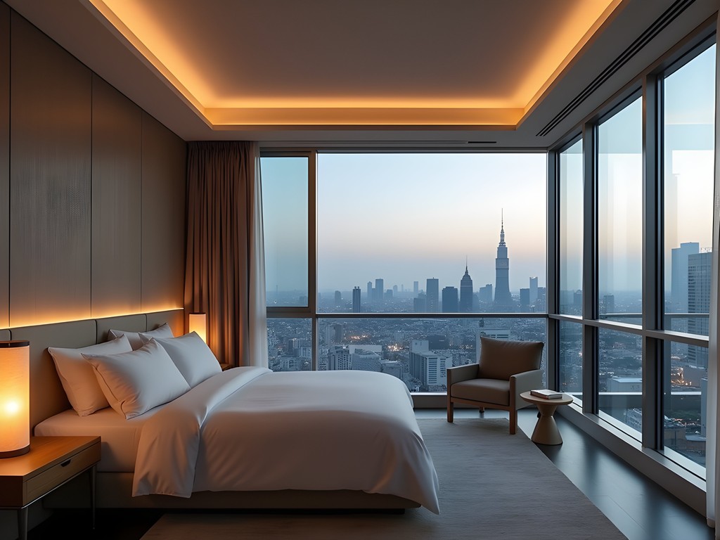 High-tech luxury hotel room at Aman Tokyo with integrated smart controls and city view