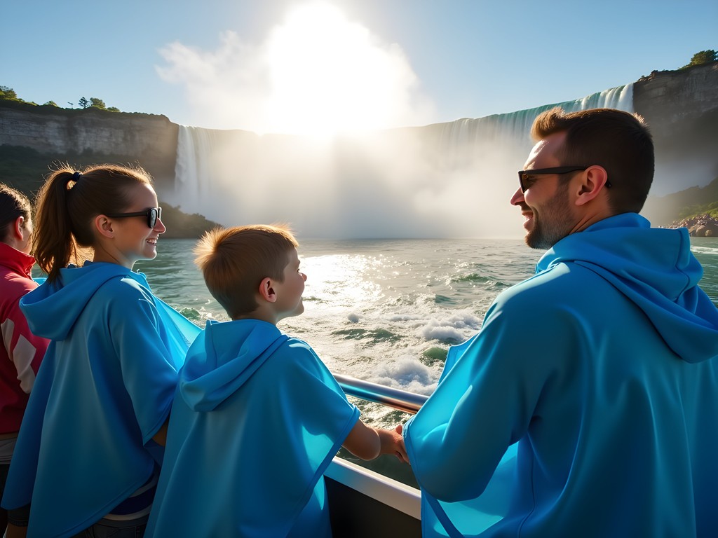 Family experiencing Hornblower Cruise approaching Niagara Falls with rainbows in mist