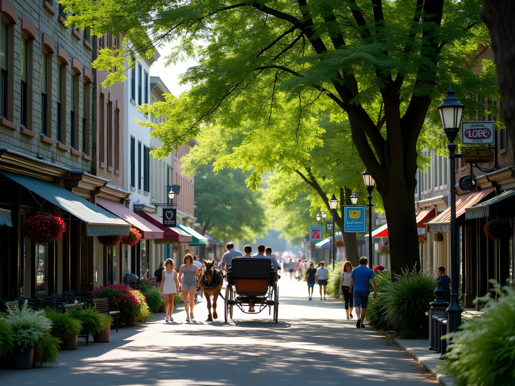 Historic main street of Niagara-on-the-Lake with flower displays and charming shops