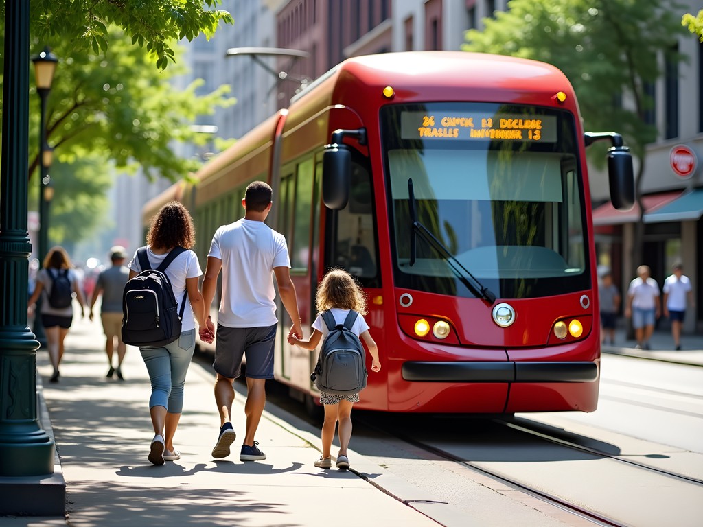 Family boarding Toronto's iconic red streetcar with luggage and excitement