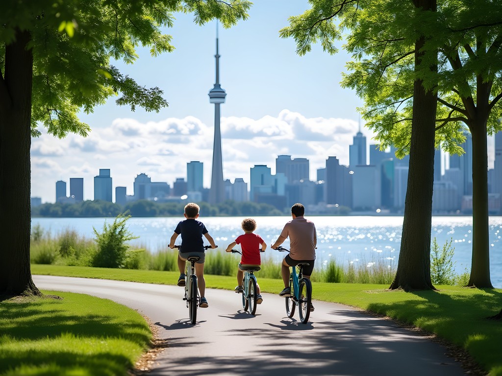 Family biking along scenic path on Toronto Islands with city skyline in background
