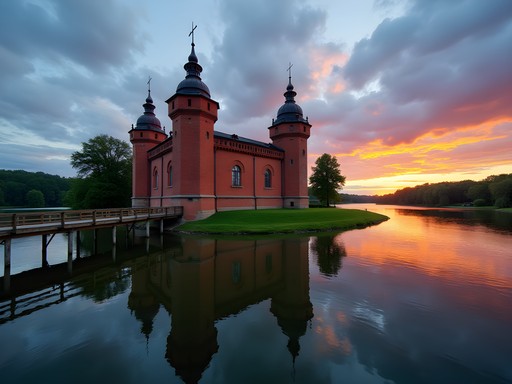 Trakai Island Castle at sunset reflecting in Lake Galvė waters in Lithuania