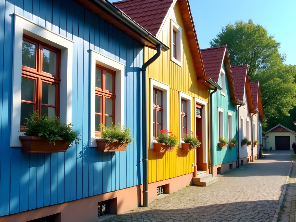 Traditional colorful Karaim wooden houses on Karaimų Street in Trakai Lithuania