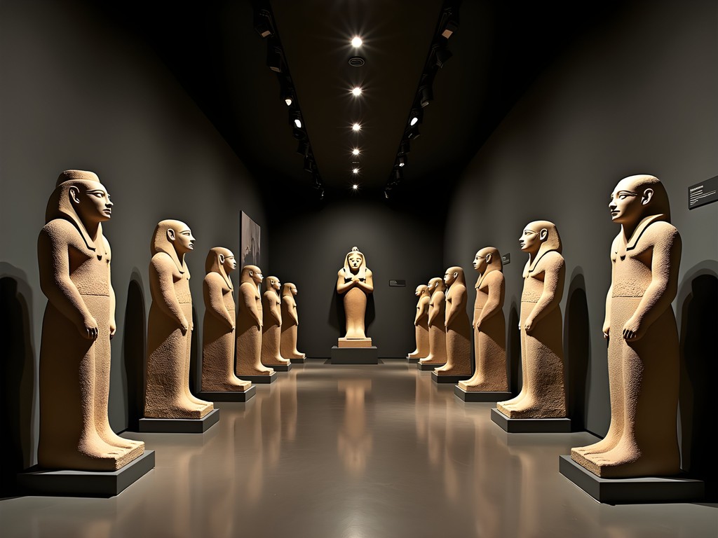 Ancient Egyptian statues in Turin's Museo Egizio with dramatic lighting