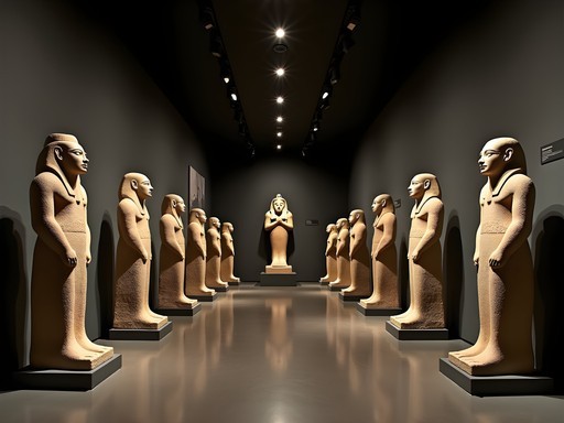 Ancient Egyptian statues in Turin's Museo Egizio with dramatic lighting