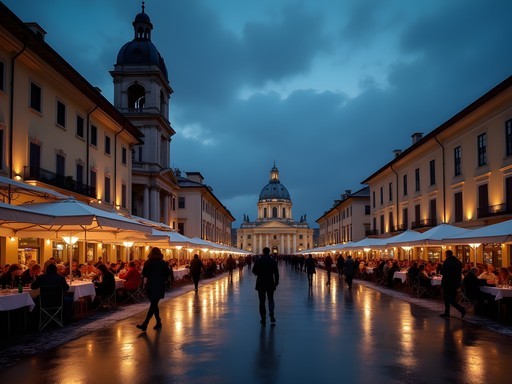 Evening scene at illuminated Piazza Vittorio Veneto in Turin with cafés and Gran Madre church