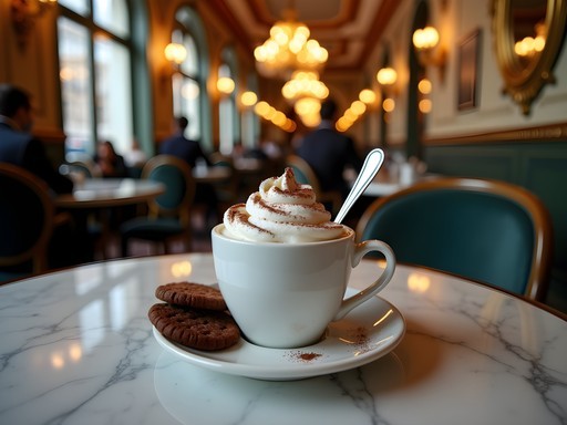 Elegant historic café in Turin serving thick hot chocolate with whipped cream