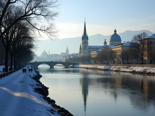 View across Po River toward Turin skyline with Gran Madre church and snow-capped Alps