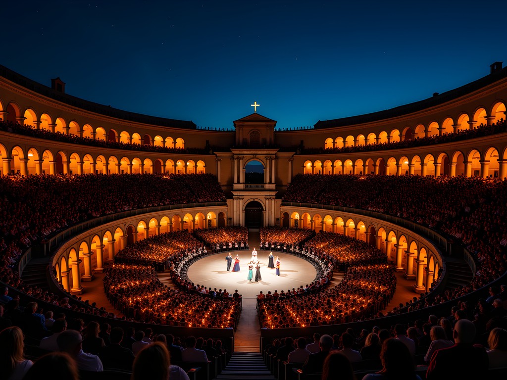 Nighttime opera performance at Arena di Verona with thousands of candles illuminating the ancient amphitheater