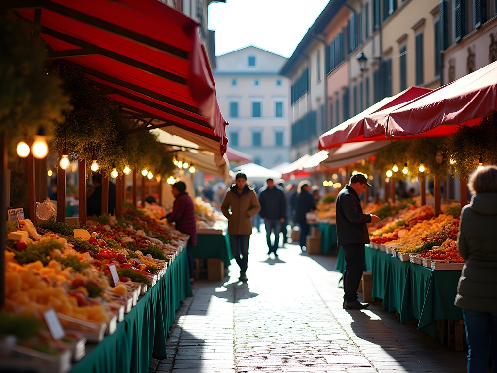 Colorful morning food market in Piazza delle Erbe with fresh produce and local vendors