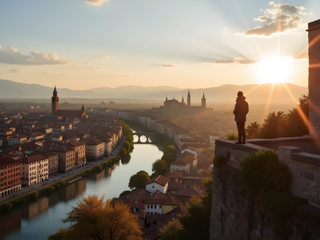 Panoramic view of Verona's terracotta rooftops and the Adige River from Castel San Pietro