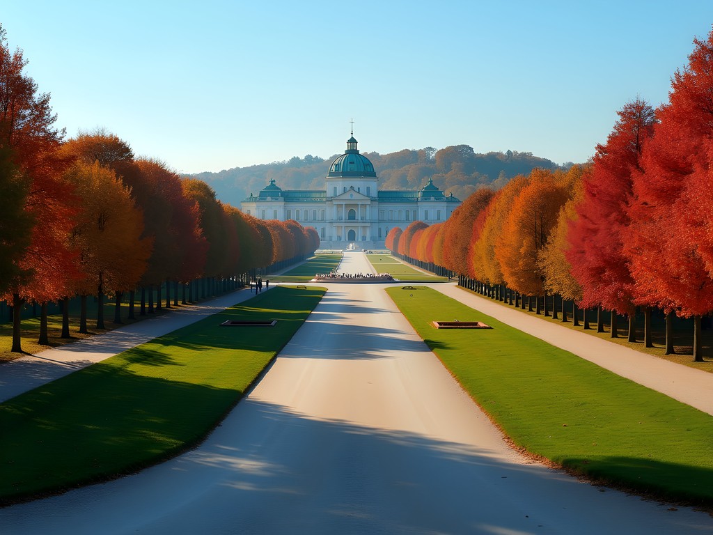 Schönbrunn Palace gardens in autumn with fall colors and the Gloriette in the distance