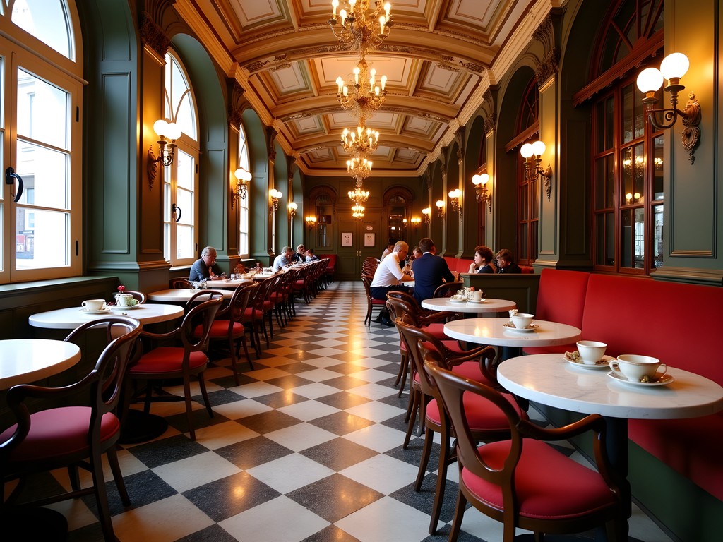 Traditional Viennese coffee house interior with marble tables and newspapers