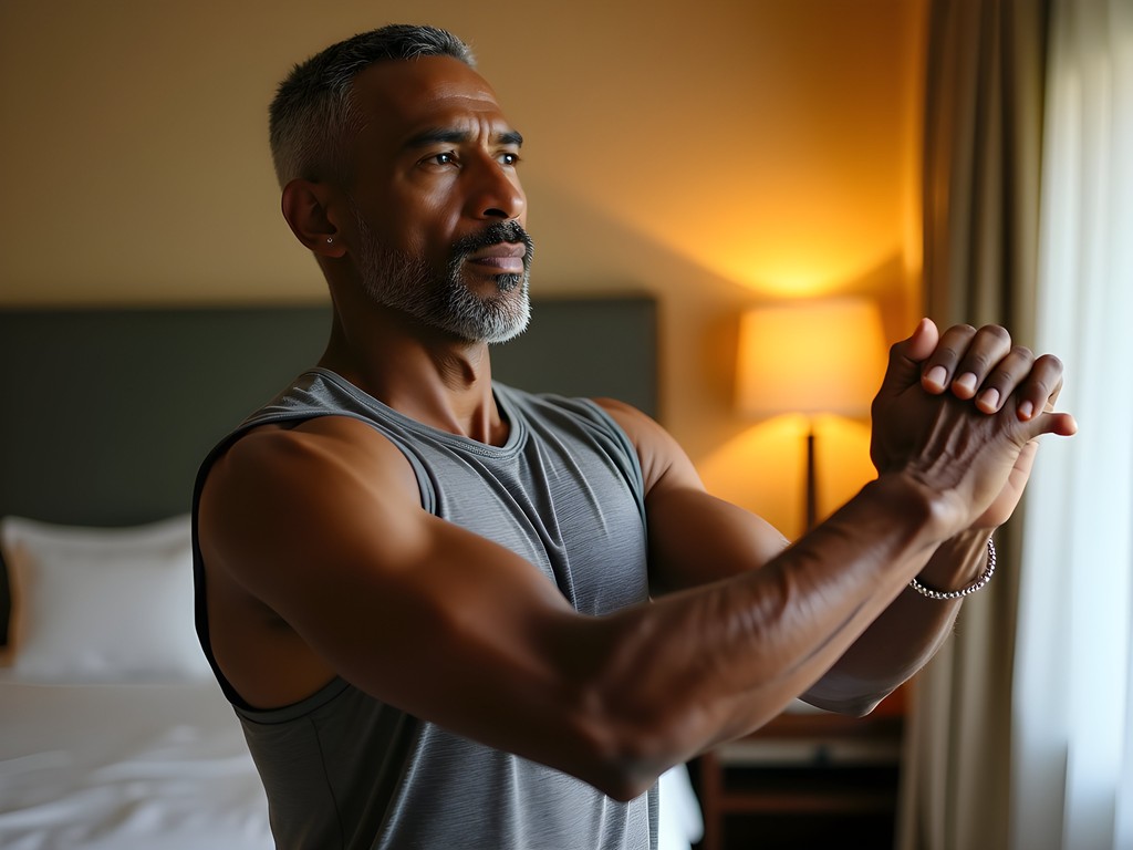 African American man demonstrating pre-hike stretching exercises in hotel room