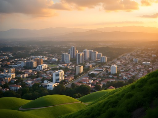 Panoramic view of Kigali city spread across rolling hills with modern buildings