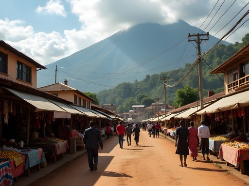 Musanze town with market activity in foreground and dramatic Virunga volcanoes in background