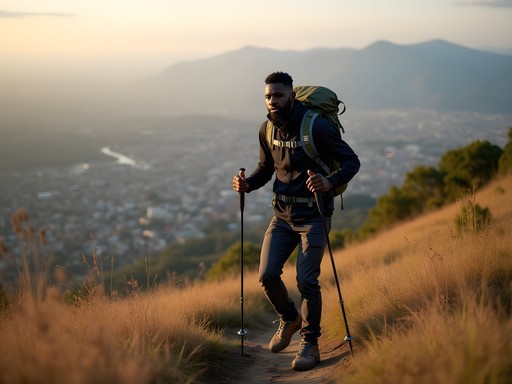 Hiker with trekking poles on Mount Kigali trail with city view in background