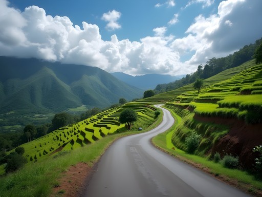 Winding road through terraced agricultural hillsides in rural Rwanda with mountains in distance