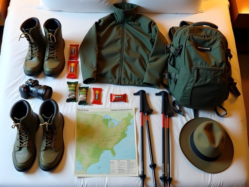Organized hiking gear laid out on bed including boots, camera equipment, rain gear and water bottle