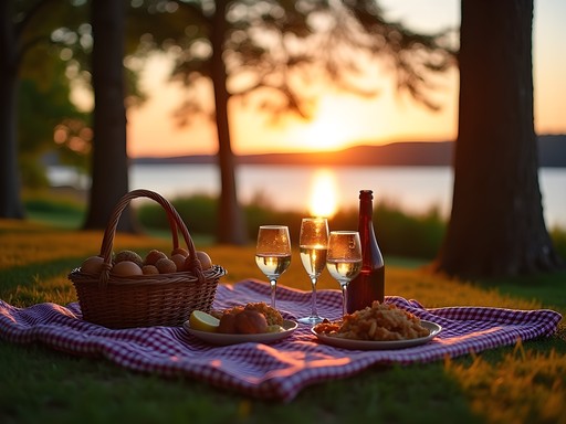 Sunset picnic at Goddard Memorial State Park beach with Greenwich Bay views in Warwick, Rhode Island
