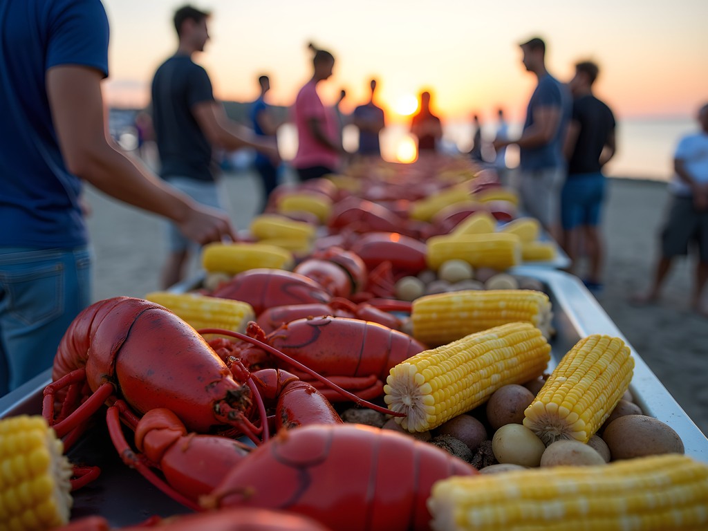 Traditional New England clambake with lobsters, clams, corn and potatoes on Oakland Beach in Warwick