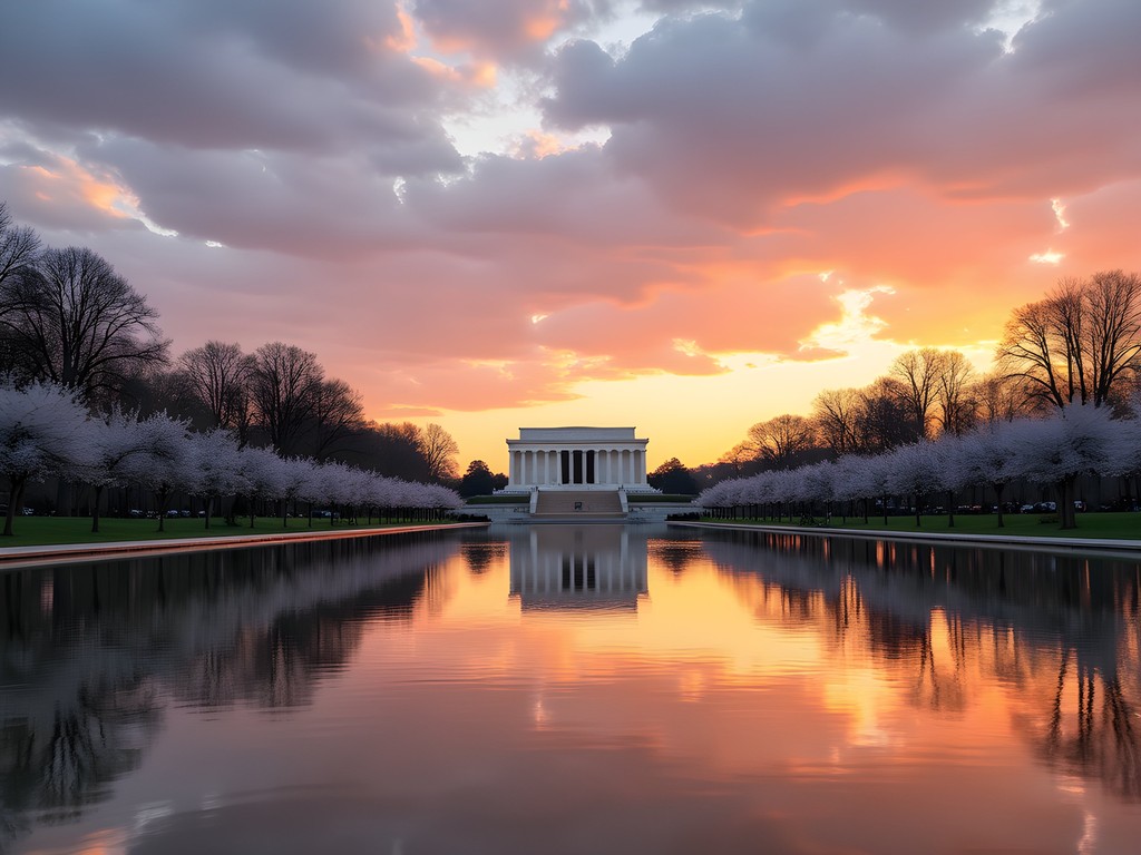 Sunrise at Lincoln Memorial with reflection in pool