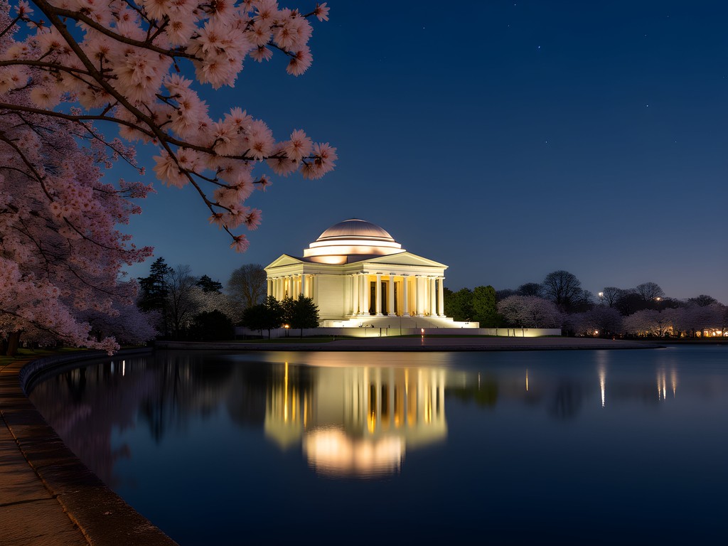 Illuminated monuments at night during spring in Washington DC