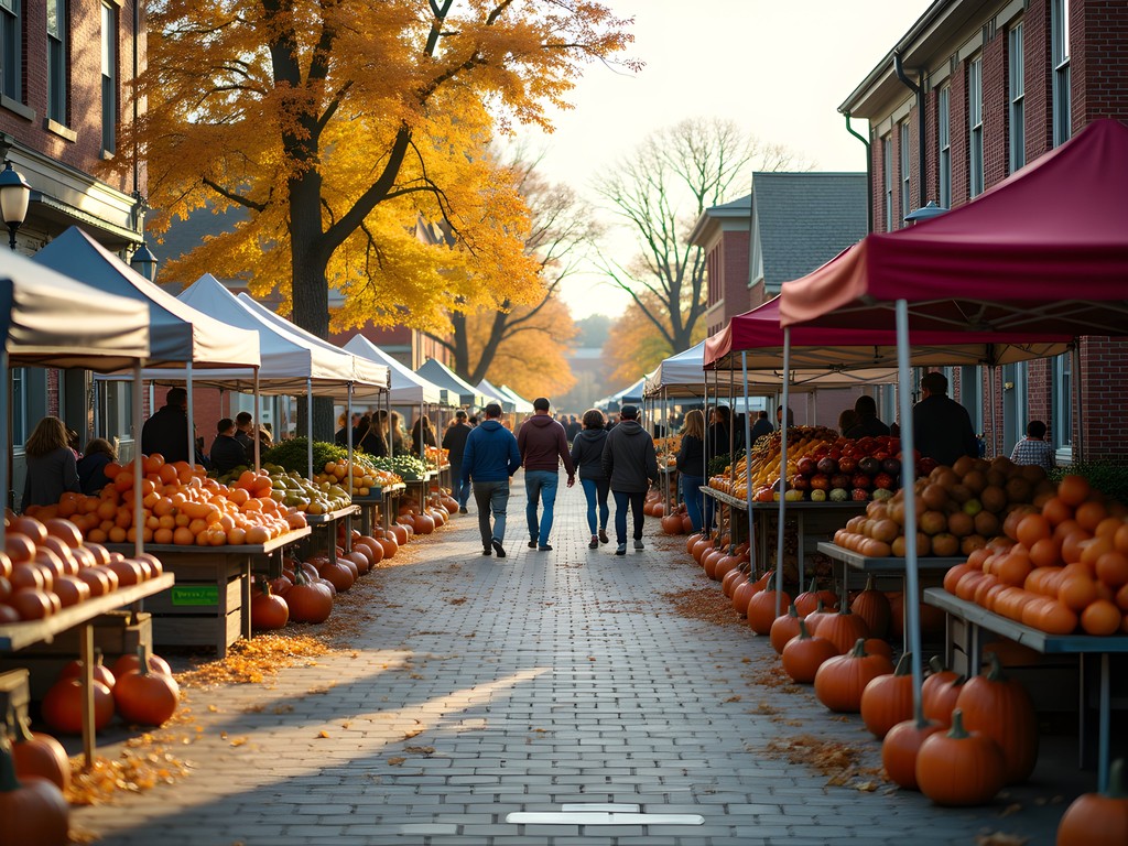 Valley Junction Farmers Market in West Des Moines during autumn with colorful produce displays