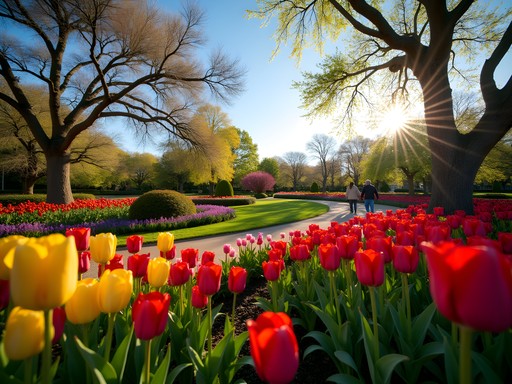 Colorful spring tulip display at Botanica Wichita Gardens with walking paths