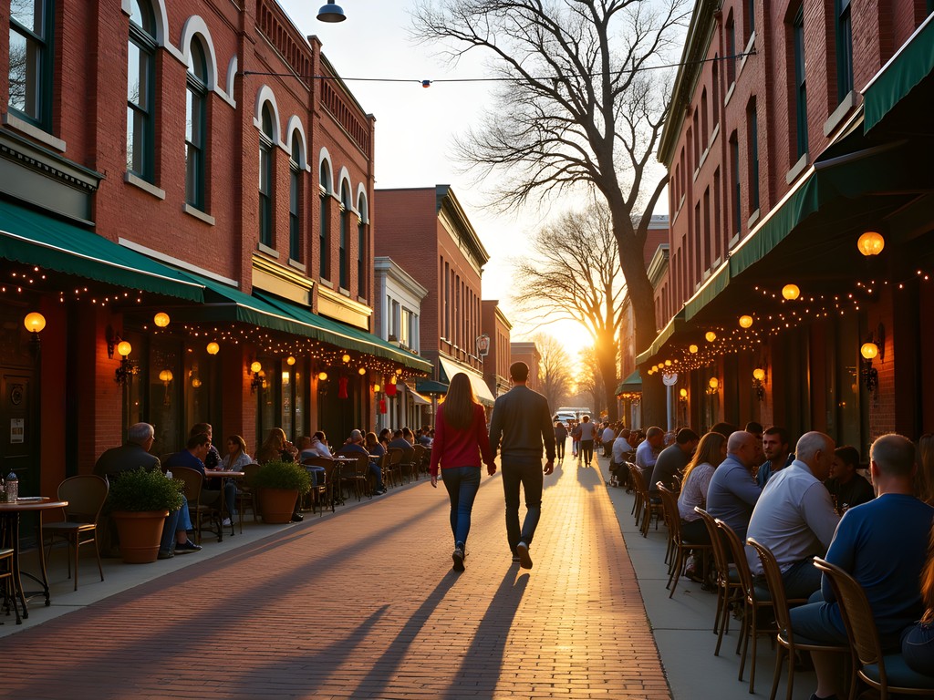 Old Town Wichita brick streets illuminated at dusk with couples walking