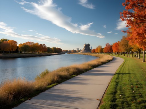 Arkansas River Path in Wichita with fall foliage and Keeper of the Plains sculpture visible in distance