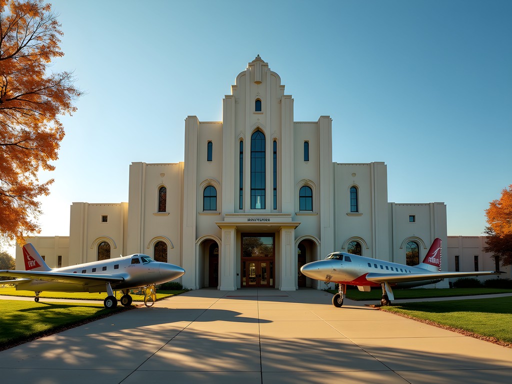 Art deco facade of Kansas Aviation Museum in Wichita with vintage aircraft display