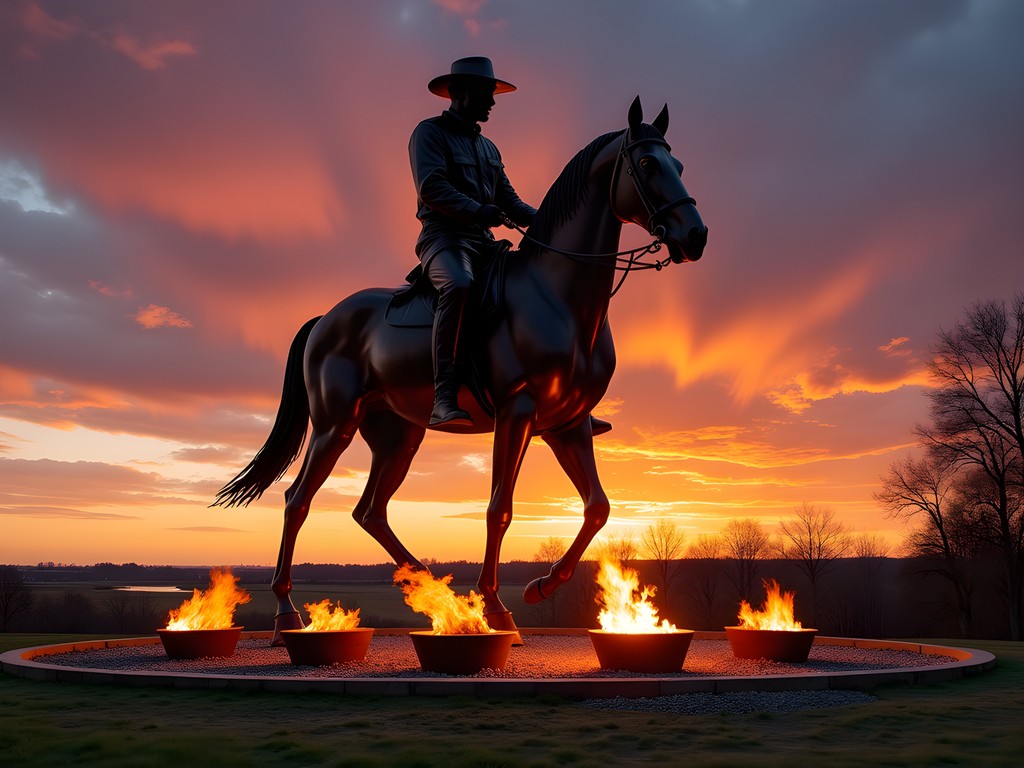 Keeper of the Plains steel sculpture silhouetted against sunset with fire pots illuminated