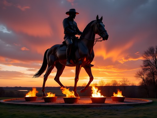 Keeper of the Plains steel sculpture silhouetted against sunset with fire pots illuminated