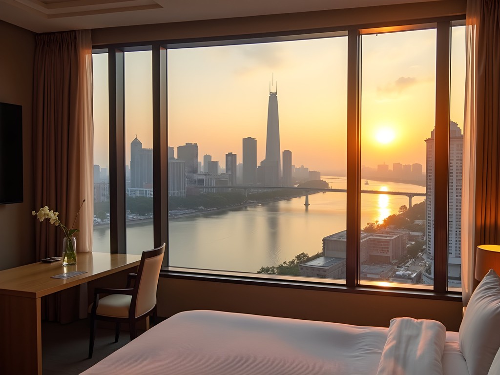 Hotel room view overlooking the Yangtze River and Wuhan cityscape at sunset