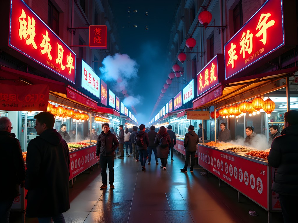 Vibrant night market scene at Optics Valley Square in Wuhan with food stalls and neon lights
