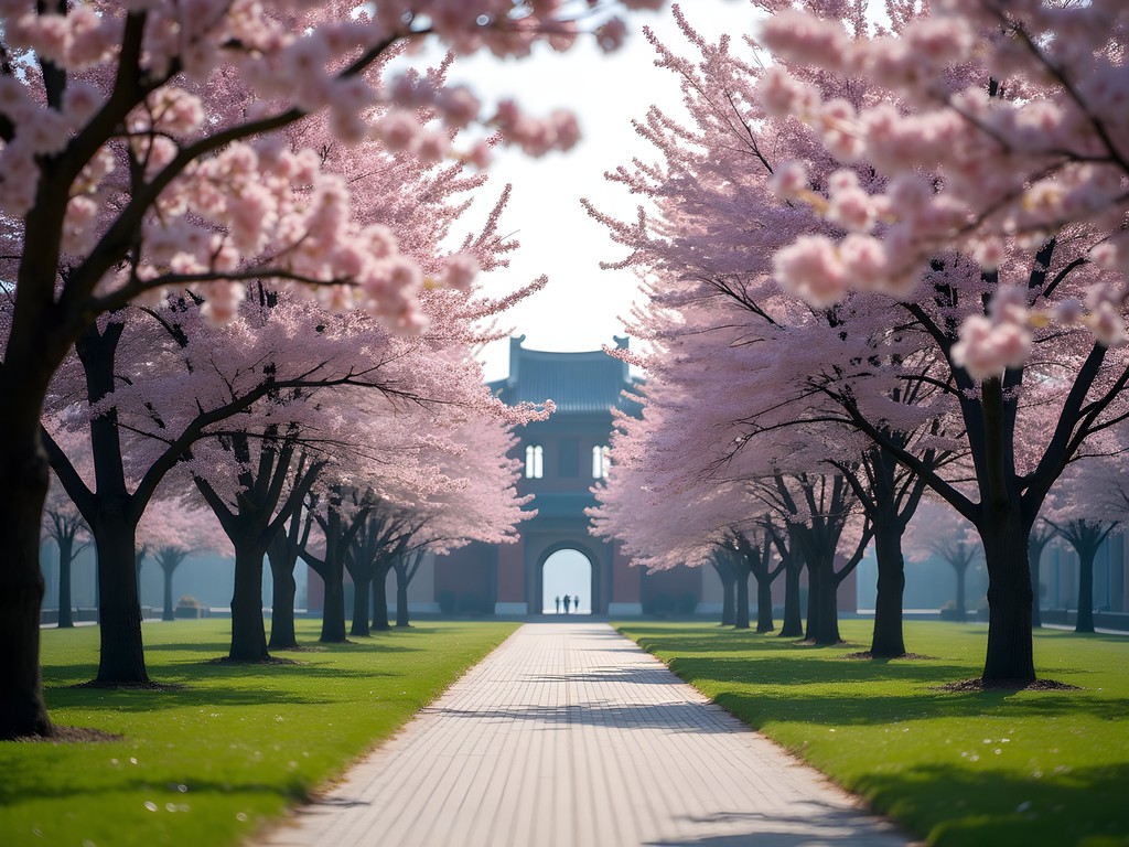 Cherry blossoms in full bloom at Wuhan University campus in spring with traditional architecture