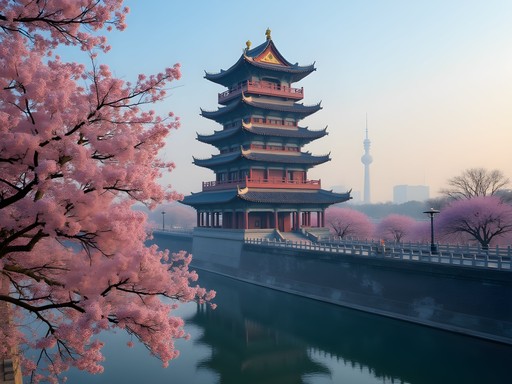 Yellow Crane Tower in Wuhan with morning light and cherry blossoms in spring