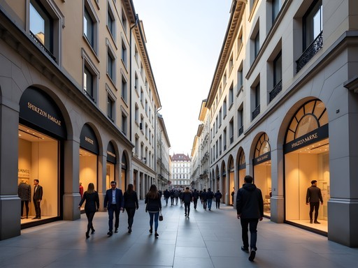Zurich's Bahnhofstrasse luxury shopping district with perfect architectural proportions