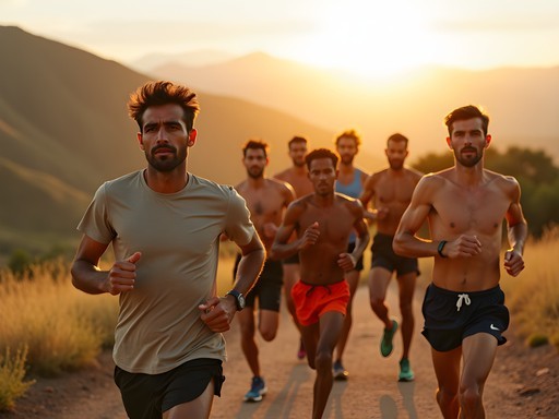 Group of local runners with Mason at sunrise on mountain trail overlooking Ali Sabieh valley